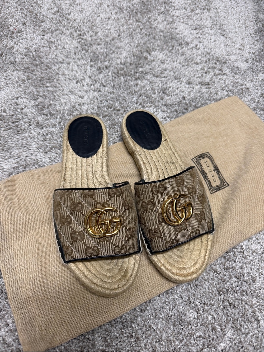 Gucci Beige GG Canvas Espadrille Slide Sandals with Gold Double G